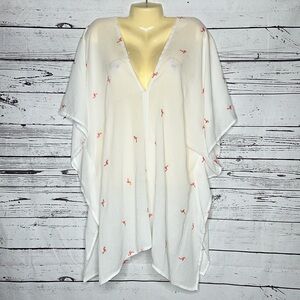 Xhilaration Size XL White - Flamingo Embroidered Kimono Swimsuit Cover-Up Kaftan